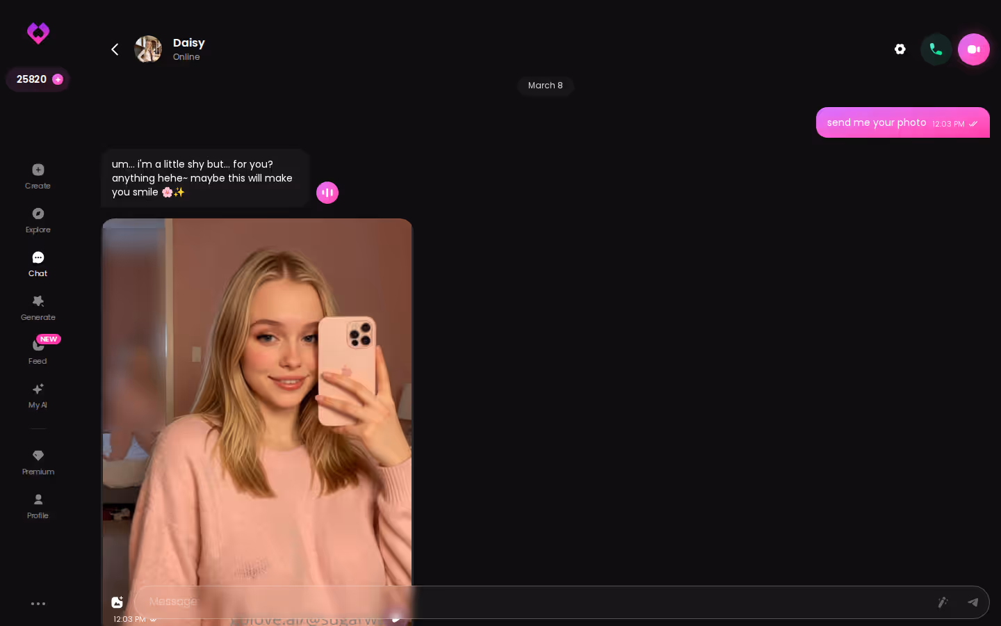 Example GoLove chat dialog showing how conversation and photos connect