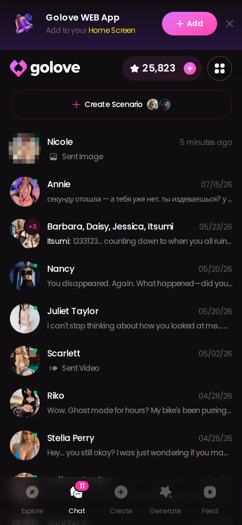 GoLove.ai chat list on mobile showing ongoing conversations with several characters