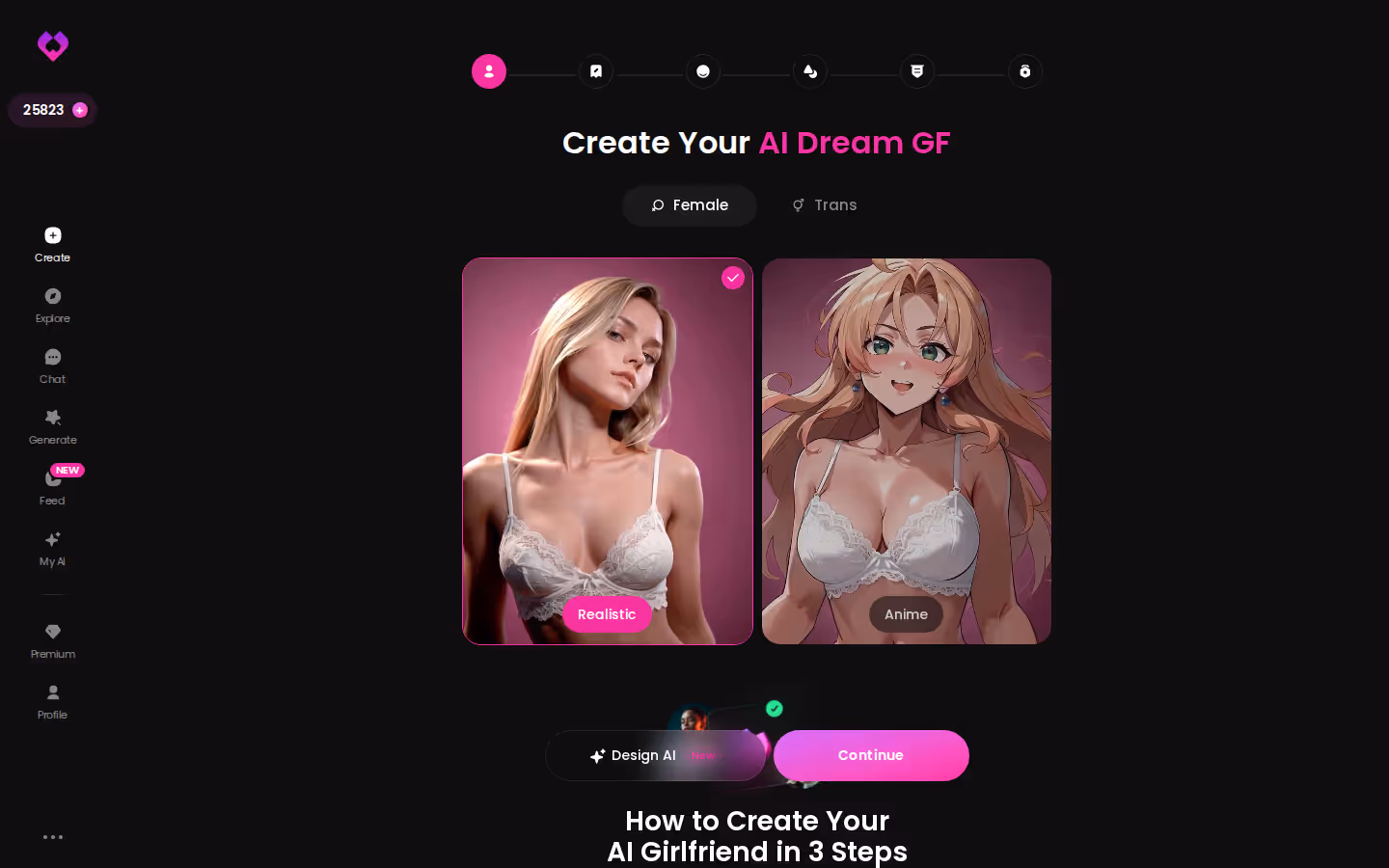 GoLove.ai character creation wizard — pick Realistic, Anime, or Trans before defining her look