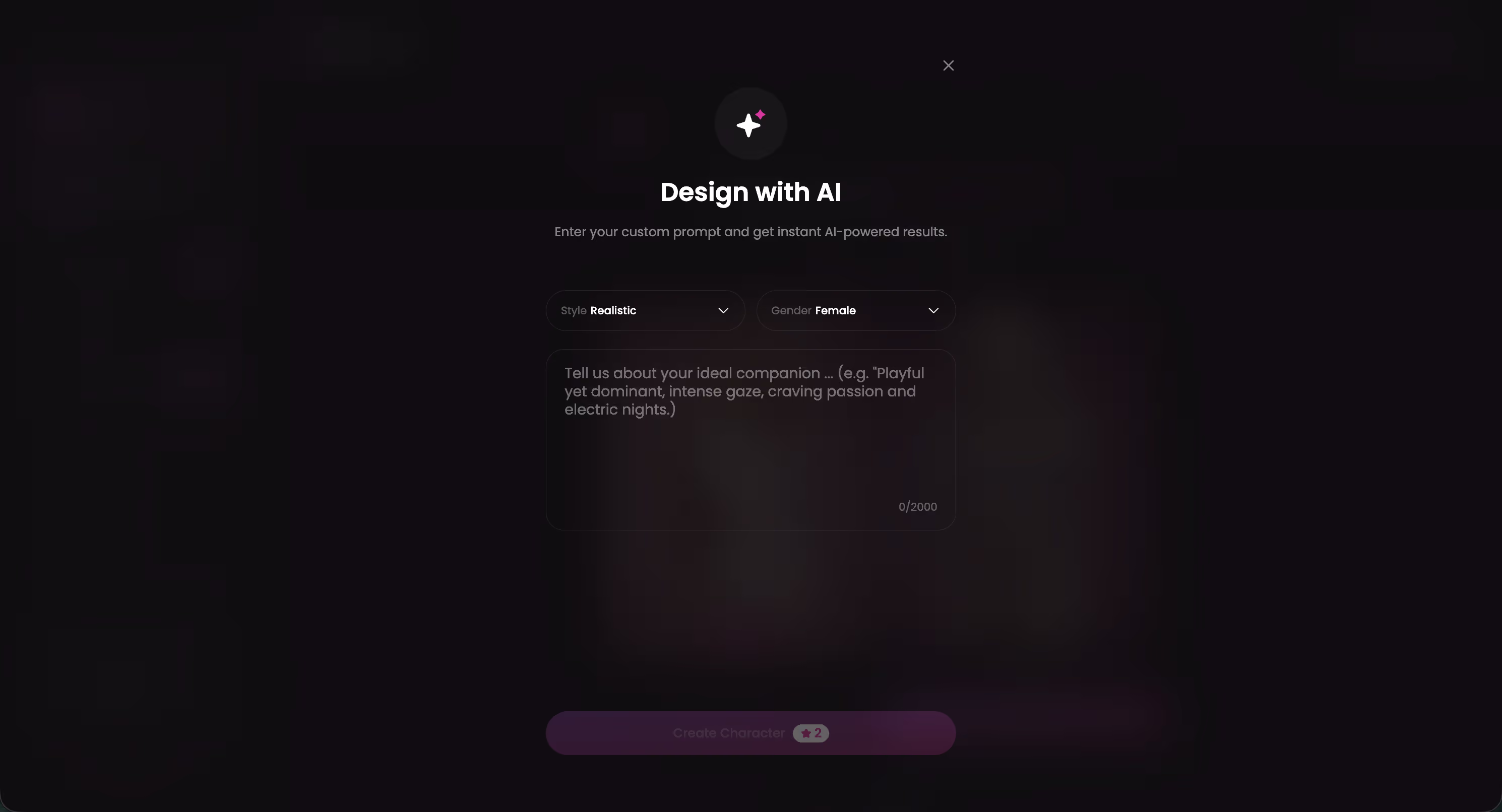 GoLove.ai Design with AI text box for describing a custom companion