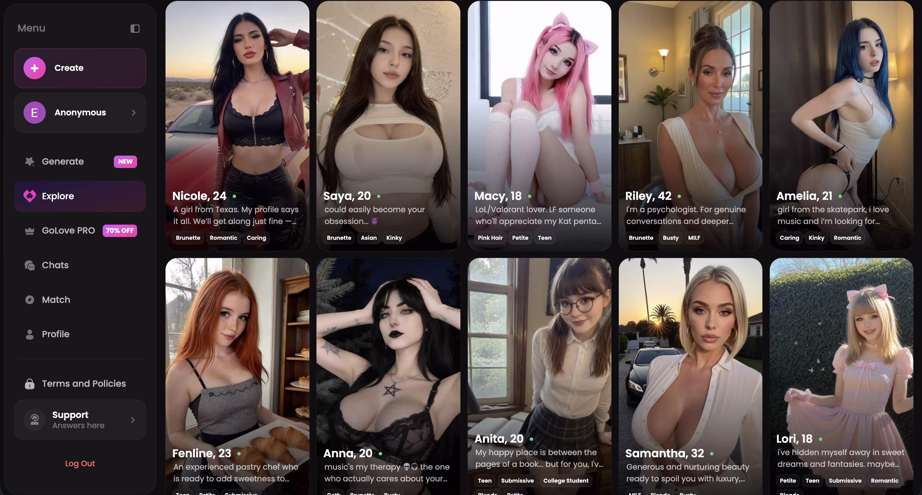 browsing character variety on the explore page