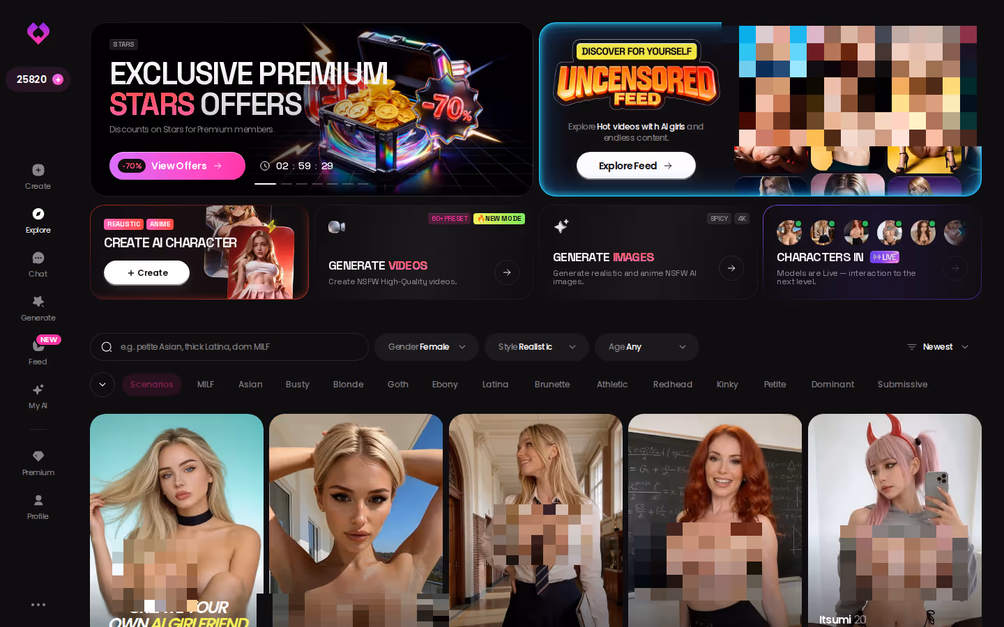 GoLove.ai Explore page with tag-chip filters for browsing characters