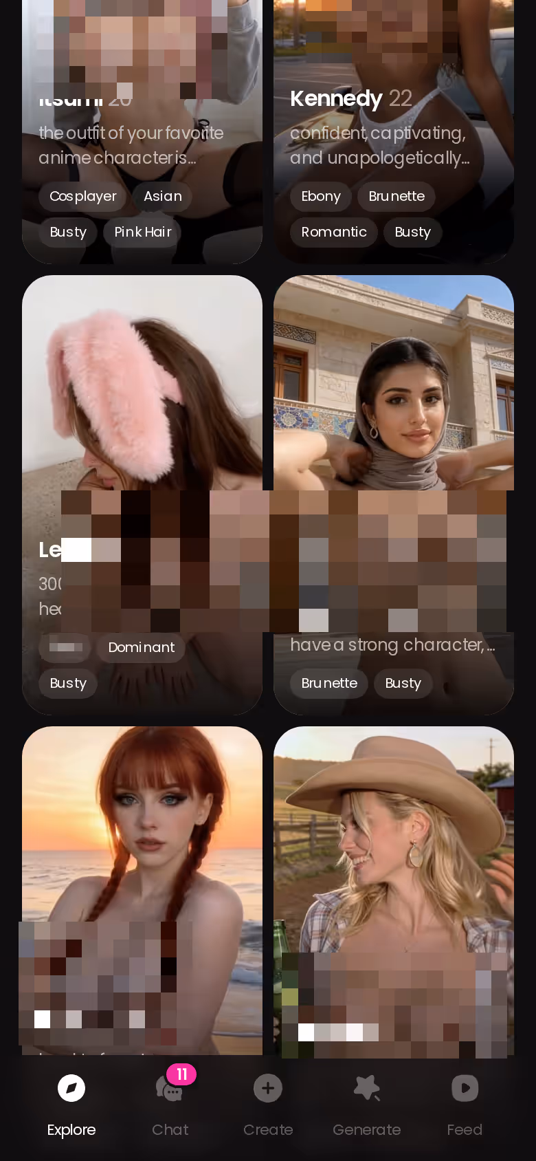 The GoLove.ai mobile Explore grid, where every character is a tap away from a chat