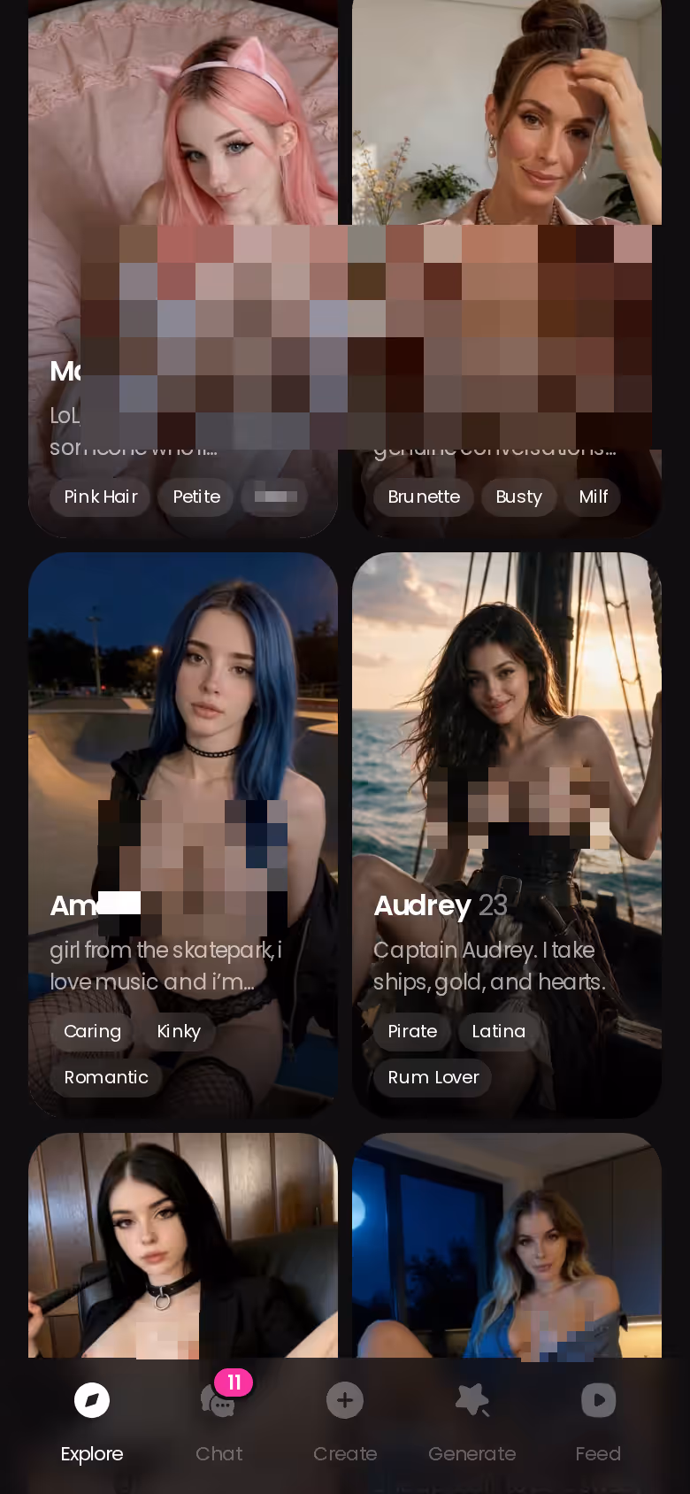 GoLove.ai Explore page on mobile showing realistic AI companion characters ready to chat
