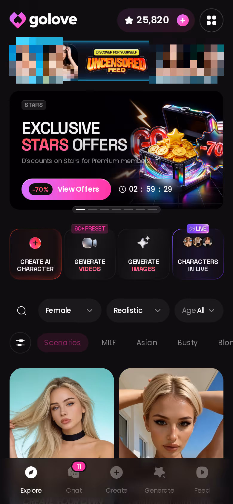 GoLove.ai Explore tab on mobile showing realistic AI girlfriends you can tap straight into chat