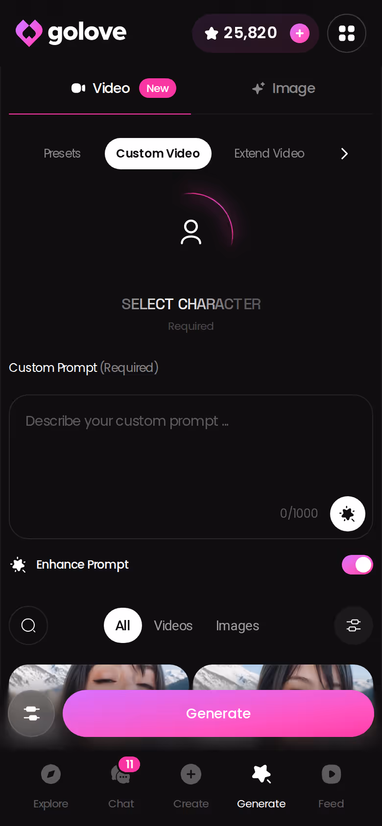 GoLove mobile Custom Video screen showing preset scene cards beside the custom prompt option