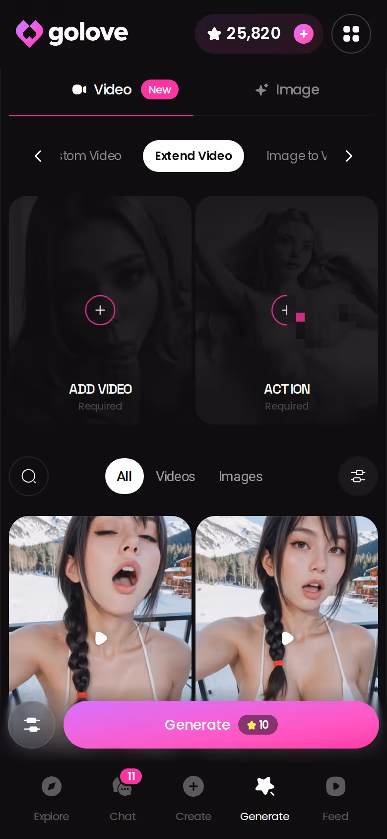GoLove mobile Extend Video screen pushing a generated clip past its original ending