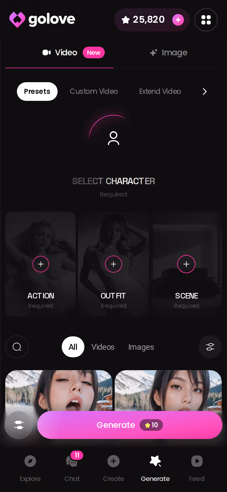 The full GoLove.ai generator mode set on mobile, the surface the paywall wraps around