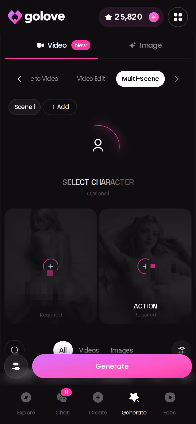 GoLove.ai mobile Generate screen with preset scene cards replacing a written prompt