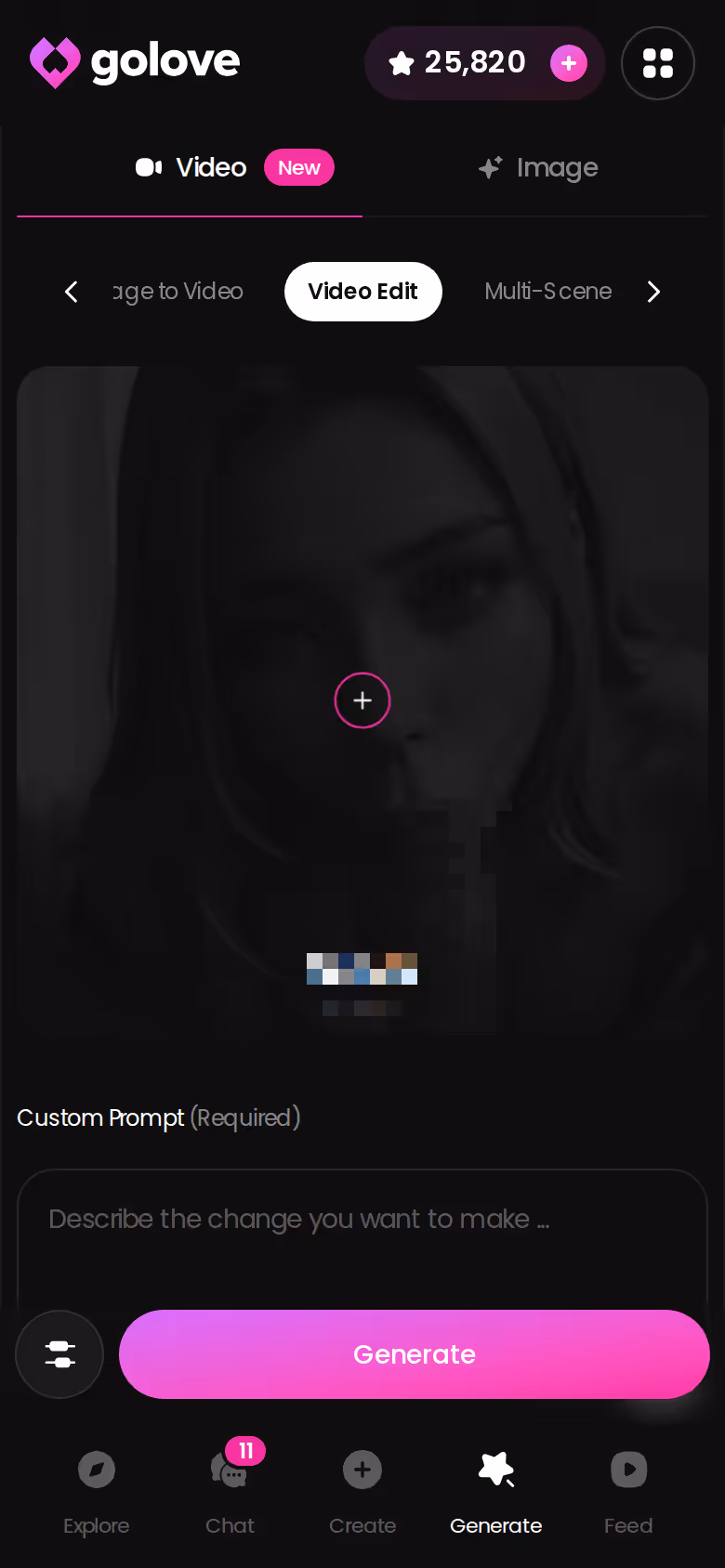 Video Edit on GoLove.ai mobile, adjusting a clip that was already generated